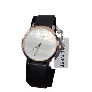 Nine West Women's Rose Gold-Tone with Black Leather Strap Watch NWB